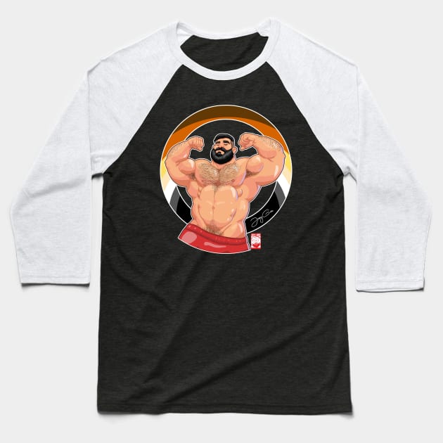 Flexing Muscle Bear Baseball T-Shirt by JayGeeArt